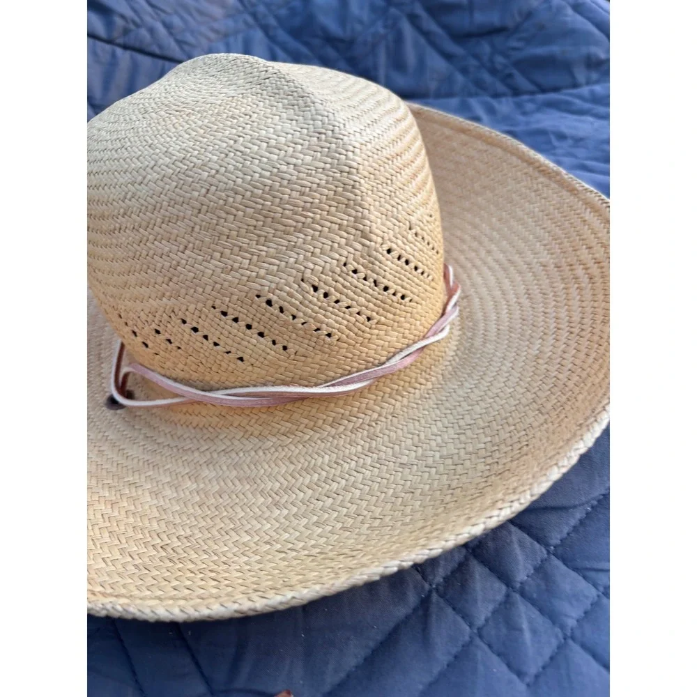 Open Crown Cowboy Hat Vintage SF Green Straw Natural Tan Woven Lightweight